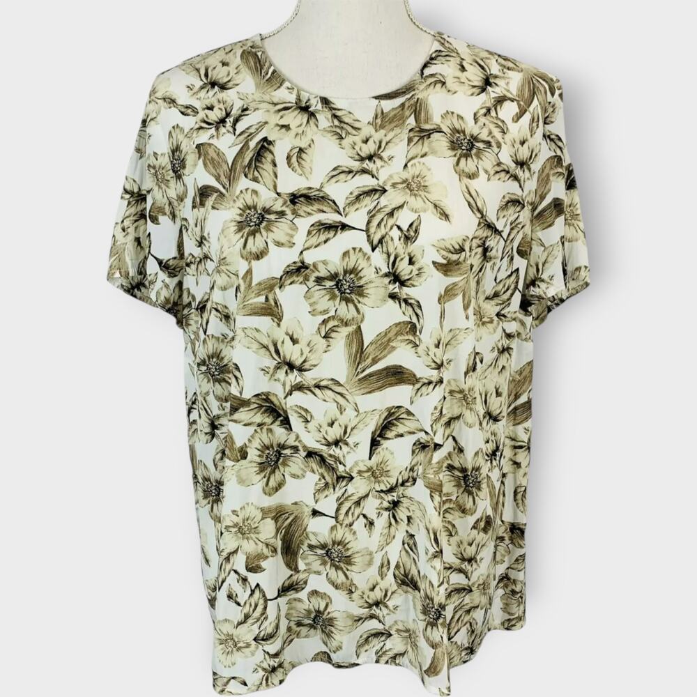 J. Jill Blouse Short Sleeve Floral Print Sepia Scoop Neck Keyhole Size Large